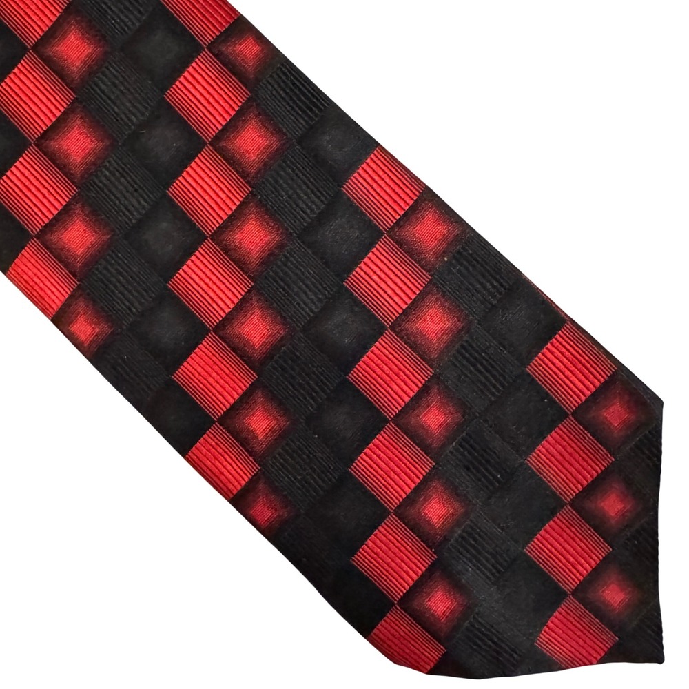 Roberto Villini Silk Tie Red Black Geometric Checkerboard Square Hand Made 4x59